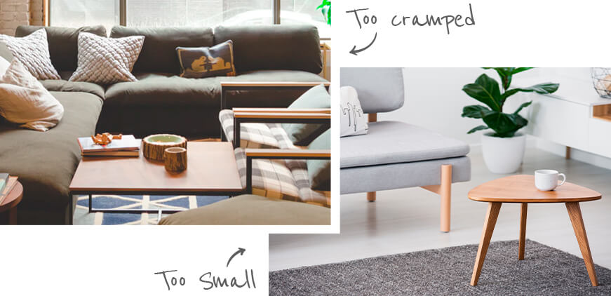 Two images showing one cramped living room and one living room where coffee table is too small